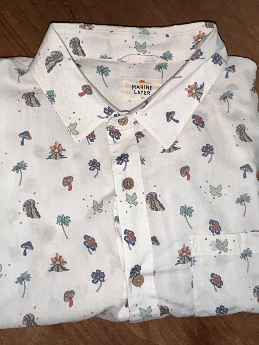 Marine Layer Men's M/L white shirt novelty print button front short sleeve